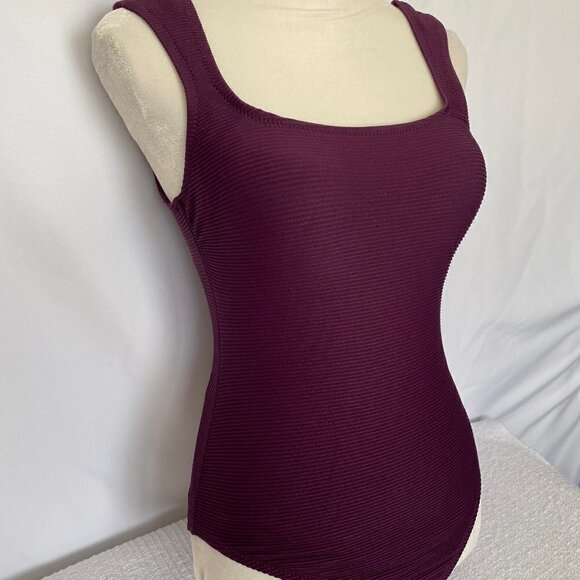 One Piece Square Neck Deep Purple Wine Bathing Suit - Picture 3 of 11
